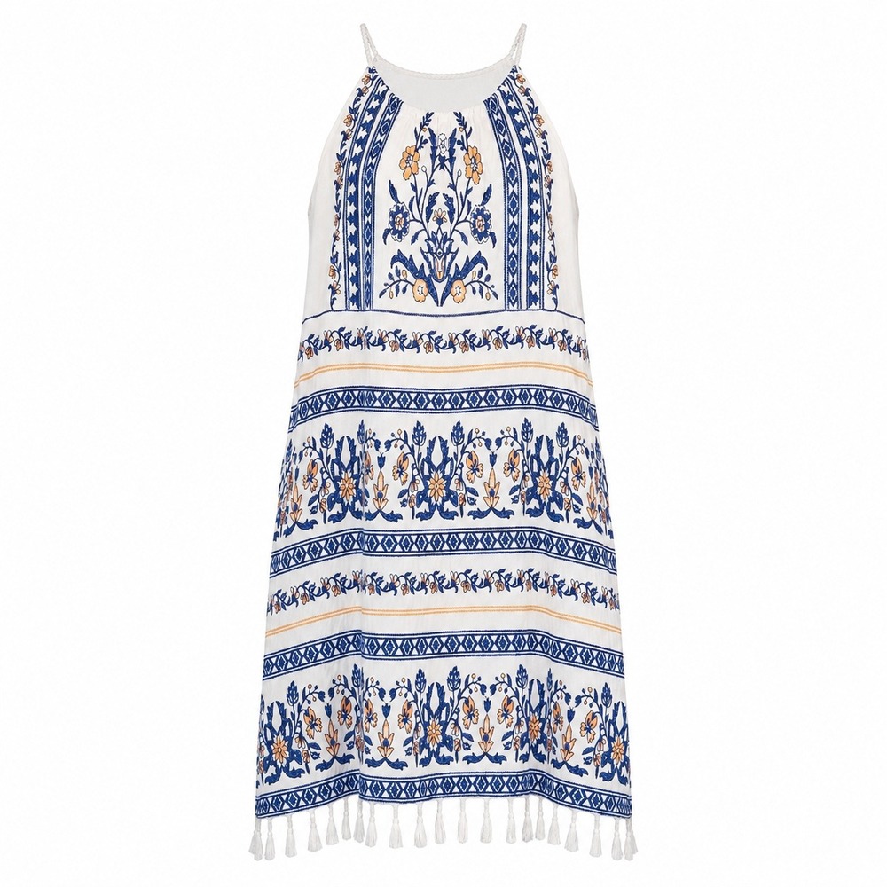Skies are Blue Embroidered Halter Sundress Small Petite White Blue Knee-Length